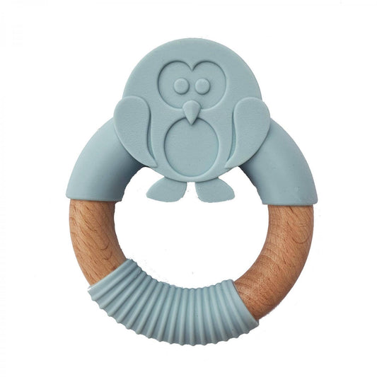 Silicone and Wood Baby Teether Penquin in Pastel Blue